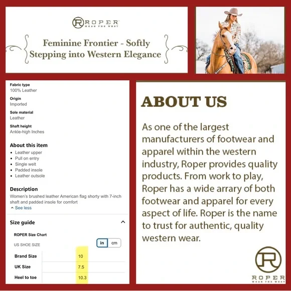 Roper® Women’s American Flag Shorty Cowgirl Boots- Size 10 - USA American Beauty - Picture 11 of 13